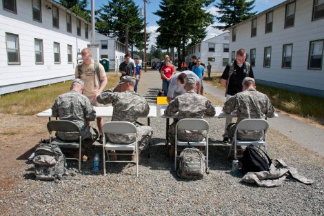 ROTC Cadets at the 2013 LDAC conduct in-processing June 14 at Joint Base Lewis-McChord, Wash. Throughout the summer over 6,000 Cadets will go through LDAC in-processing prior to taking part in training. U.S. Army photo by Heather Cortright.
